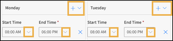 Manage Operatory Hours with days of week and yellow highlight boxes around the + and down arrow menu buttons.